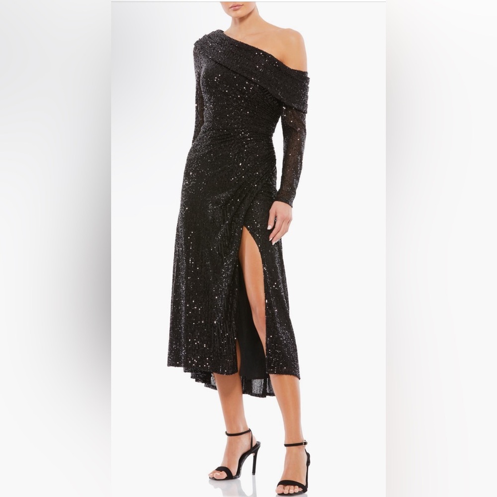 NWT MAC DUGGAL ONE SHOULDER SEQUIN LONG SLEEVE MIDI DRESS